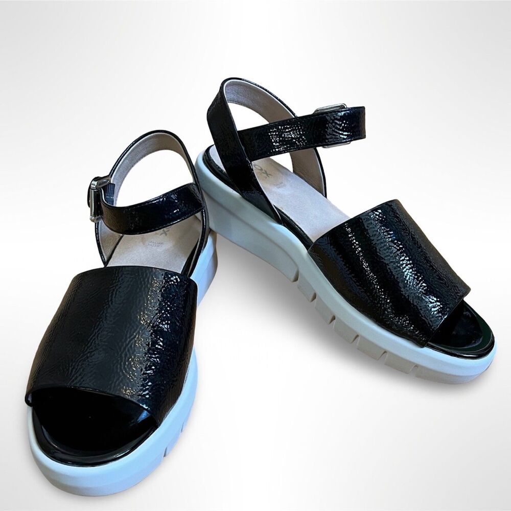 GEOX Wimbley‎ Women's 8 Sandals Black Patent Leather Buckle White Rubber Sole